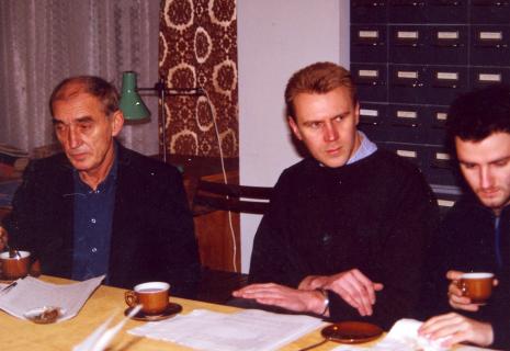 Konferencja prasowa w czytelni biblioteki ms, od lewej Wiesław Borowski (Galeria Foksal w Warszawie), Mirosław Bałka, Andrzej Przywara
